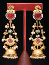 Red Kundan Jhumka Earrings with Pearl and Ghungroo Drops