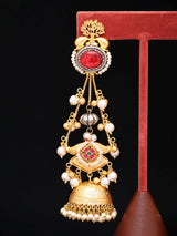 Red Kundan Jhumka Earrings with Pearl and Ghungroo Drops