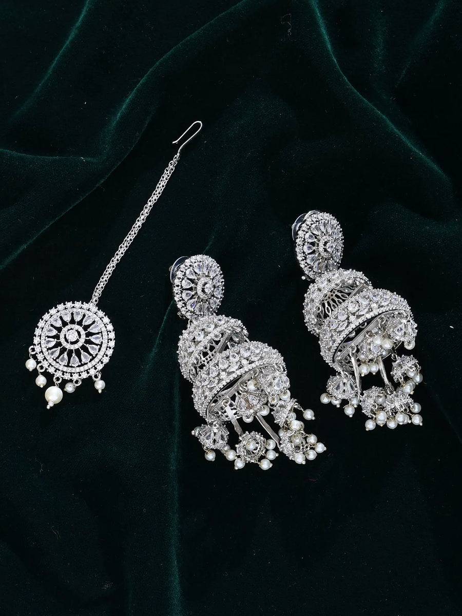 Pearl Drop Layered Chandelier Earrings and Maang Tikka Set