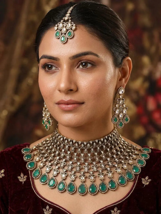 Kundan Teardrop Bridal Necklace Set with Earrings and Maang Tikka
