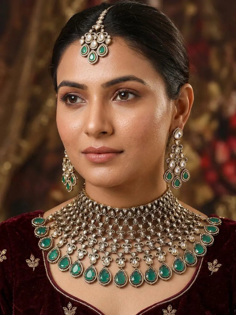 Kundan Teardrop Bridal Necklace Set with Earrings and Maang Tikka