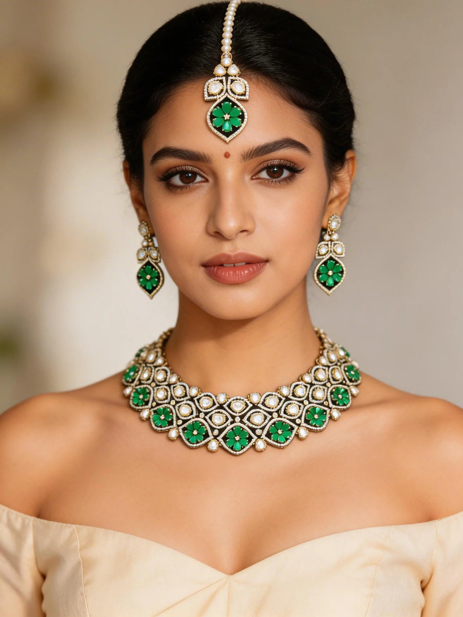 Kundan Floral Choker Necklace Set with Maang Tikka