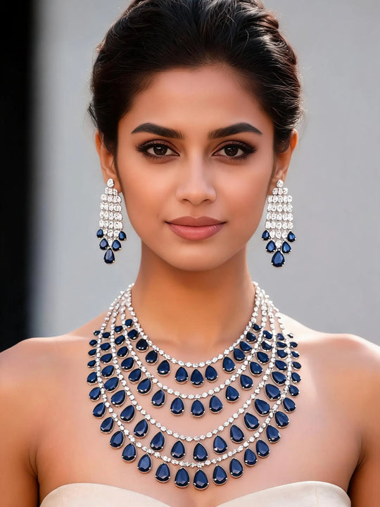 Multistrand Zircon and Blue Stone Brass Necklace and Earrings Set