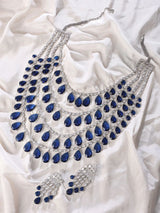 Multistrand Zircon and Blue Stone Brass Necklace and Earrings Set
