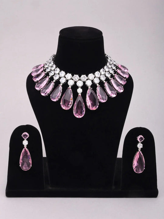 Zircon Teardrop Necklace and Earrings Set in Brass