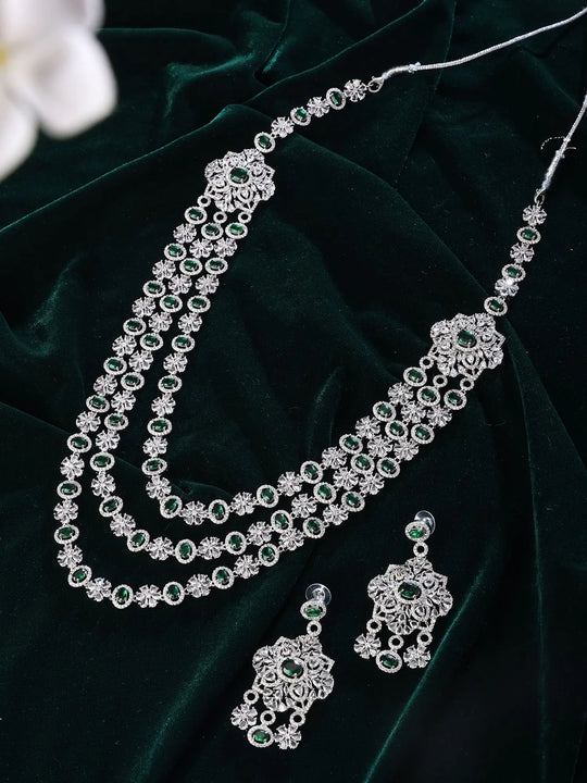 Floral Zircon and Enamel Brass Necklace and Earrings Set