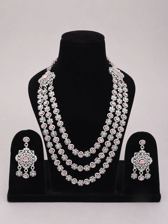 Floral Zircon and Enamel Brass Necklace and Earrings Set
