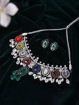 Multicolour Stone and American Diamond Necklace and Earrings Set