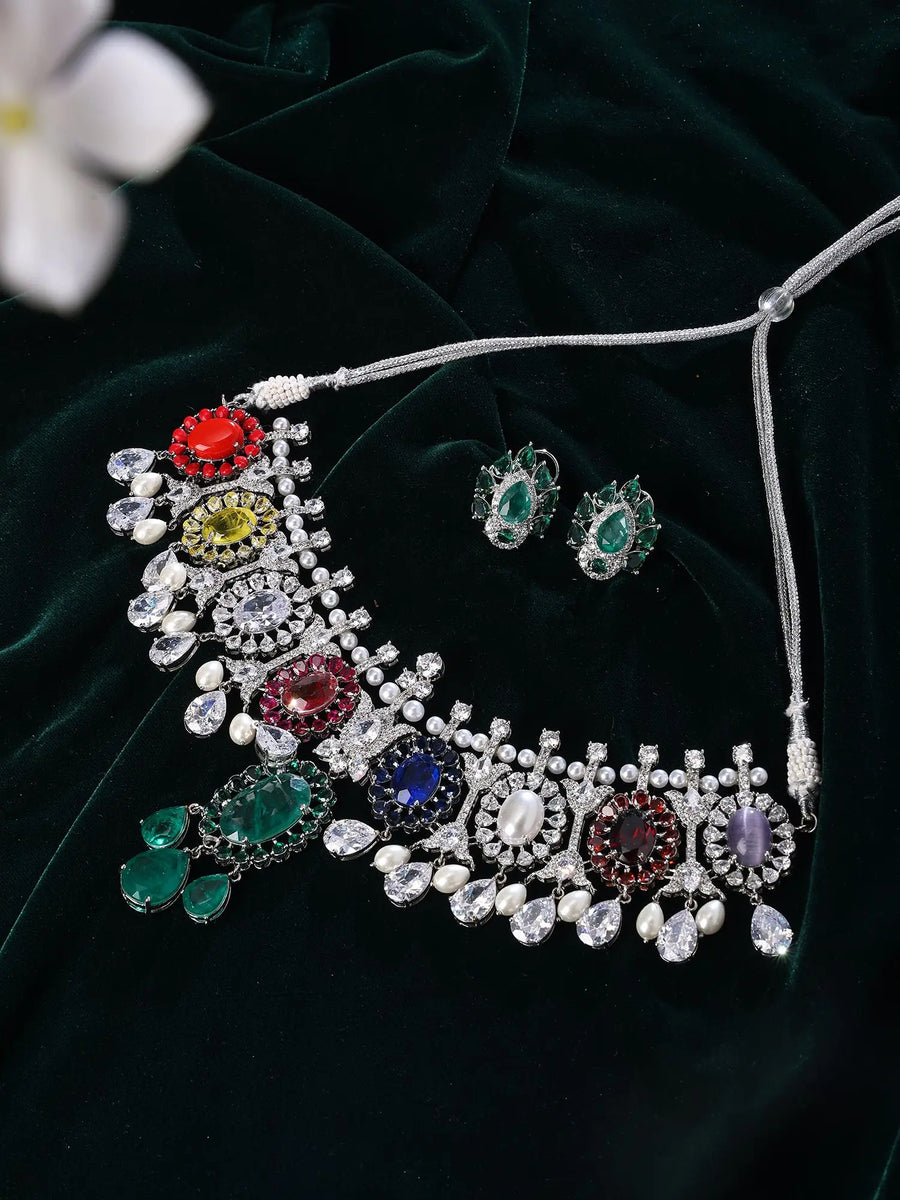 Multicolour Stone and American Diamond Necklace and Earrings Set