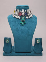 Multicolour Stone and American Diamond Necklace and Earrings Set