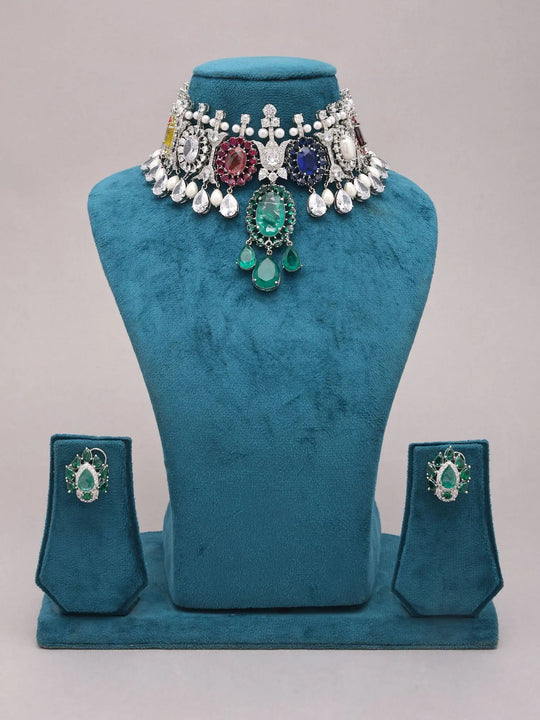 Multicolour Stone and American Diamond Necklace and Earrings Set