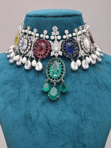 Multicolour Stone and American Diamond Necklace and Earrings Set