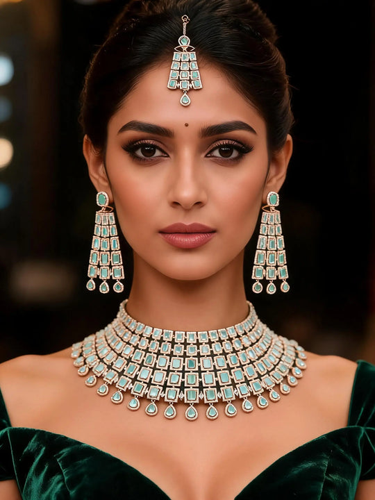 Mint, Pink and White Stone Bridal Necklace and Earrings Set