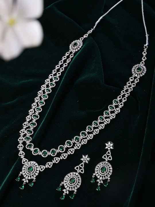 Geometric Cut Green Pink and White Stone Necklace and Earrings Set