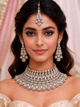 Leaf Motif Stone Set Bridal Necklace Earrings and Maang Tikka