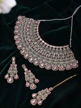 Leaf Motif Stone Set Bridal Necklace Earrings and Maang Tikka