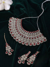 Leaf Motif Stone Set Bridal Necklace Earrings and Maang Tikka