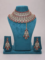Leaf Motif Stone Set Bridal Necklace Earrings and Maang Tikka