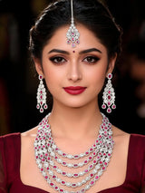 Pink and White Stone Multi Strand Bridal Necklace Set with Maang Tikka