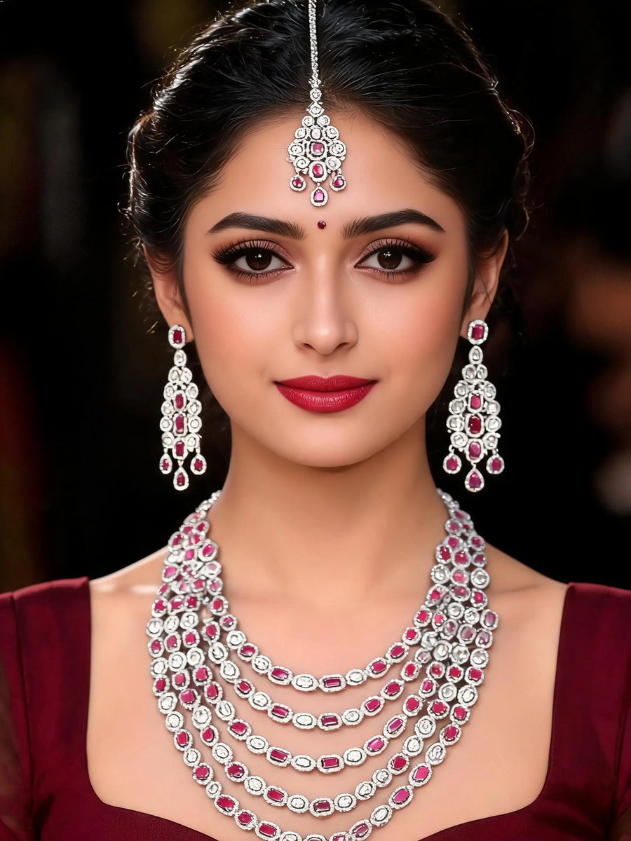 Pink and White Stone Multi Strand Bridal Necklace Set with Maang Tikka