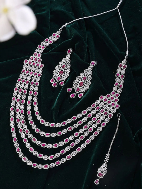 Pink and White Stone Multi Strand Bridal Necklace Set with Maang Tikka