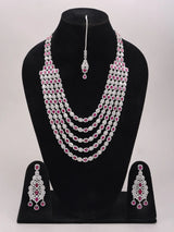 Pink and White Stone Multi Strand Bridal Necklace Set with Maang Tikka