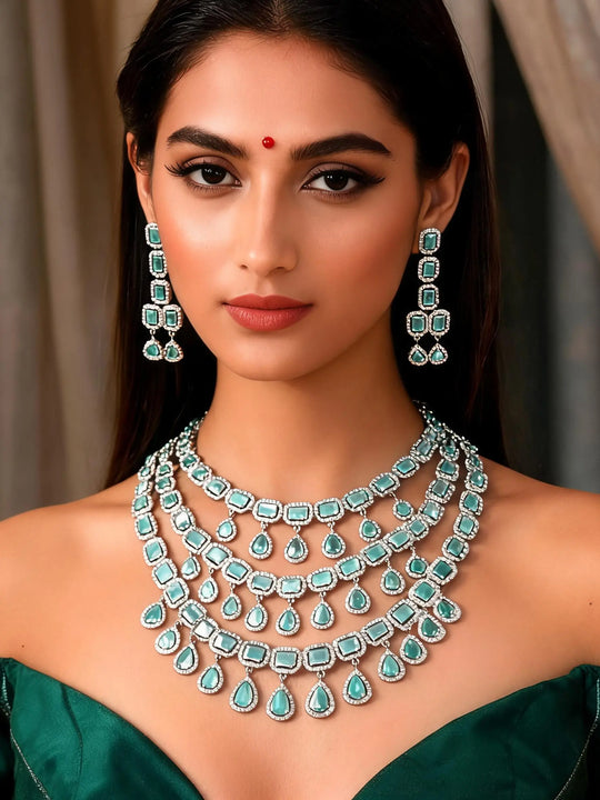 Sea Green Stone Multi Strand Necklace and Earrings Set