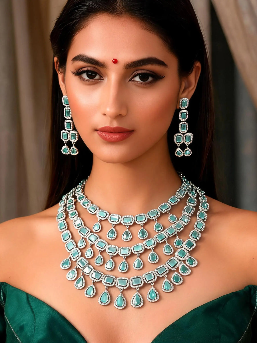 Sea Green Stone Multi Strand Necklace and Earrings Set
