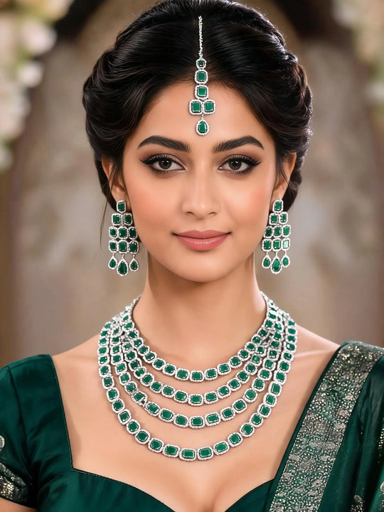 Multi-Strand Square Cut Crystal Necklace Set with Maang Tikka