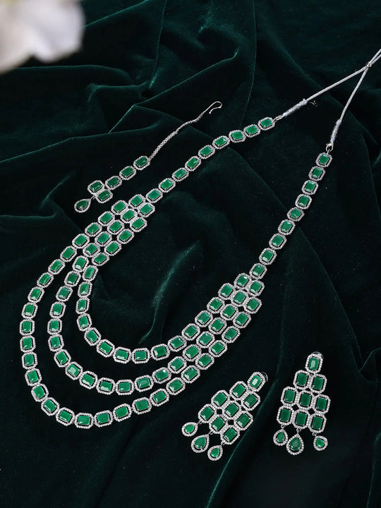 Multi-Strand Square Cut Crystal Necklace Set with Maang Tikka
