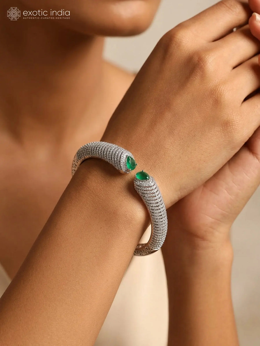 Emerald Green and White Stone Studded Brass Kada Bangle