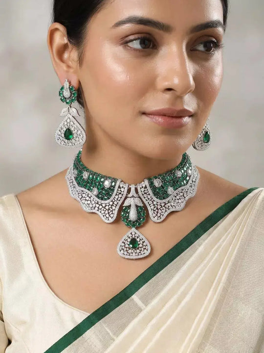 Peacock Meenakari American Diamond Choker Set with Earrings