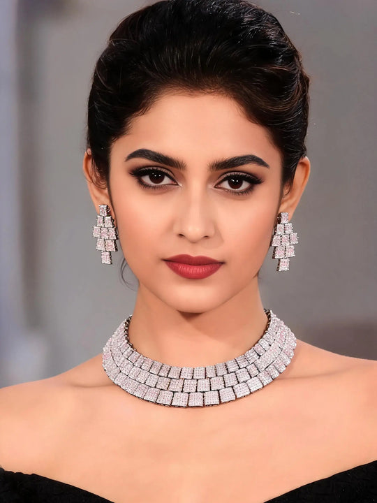 Cubic Zirconia Link Chain Necklace and Earrings Set
