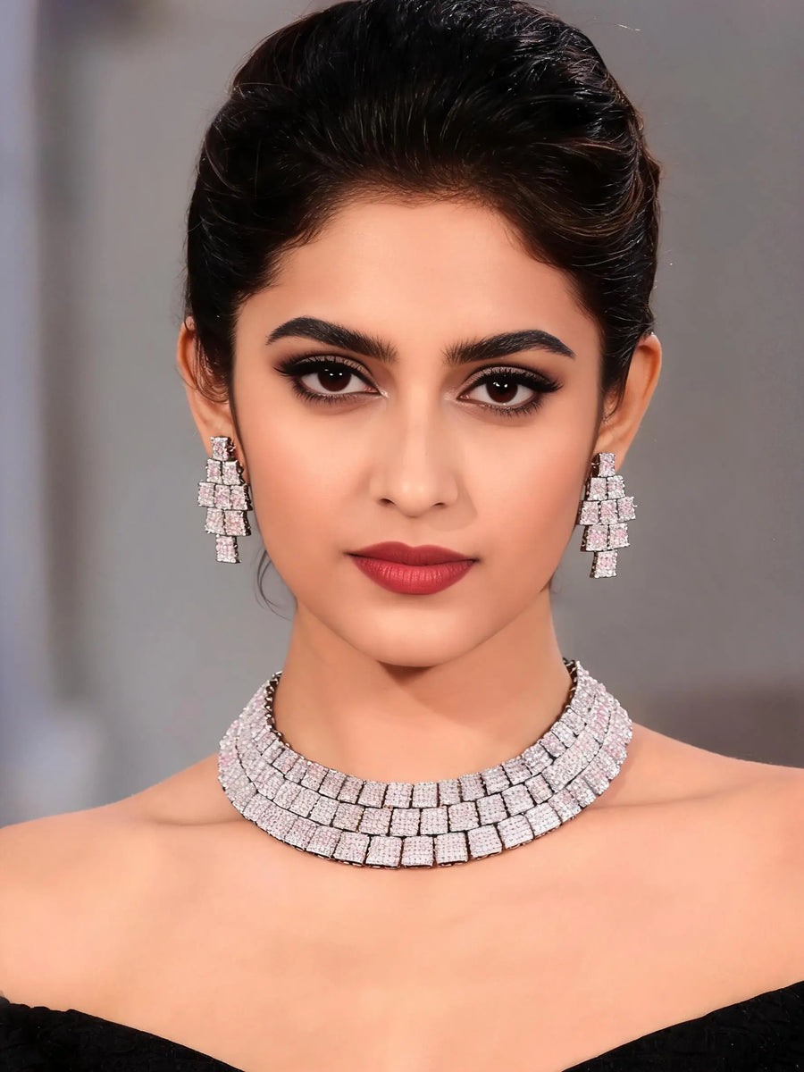Cubic Zirconia Link Chain Necklace and Earrings Set