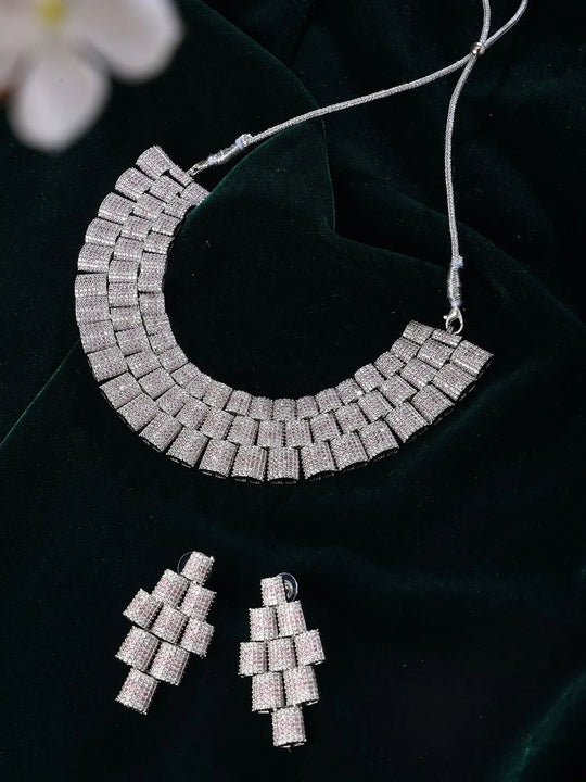 Cubic Zirconia Link Chain Necklace and Earrings Set