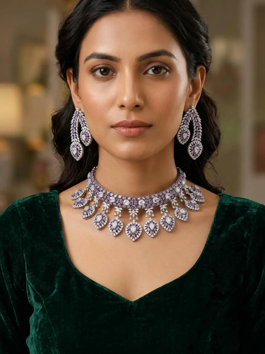 Amethyst Teardrop Cubic Zirconia Brass Necklace Set