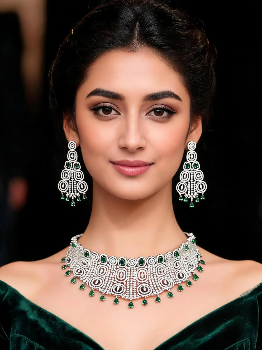 Mint Green American Diamond Choker and Earring Set