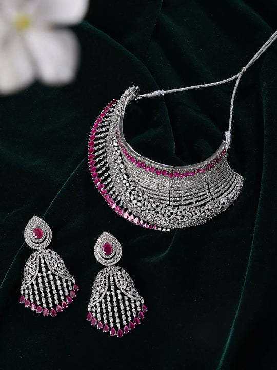 Pink and White Zircon Stone Choker and Earrings Set in Brass