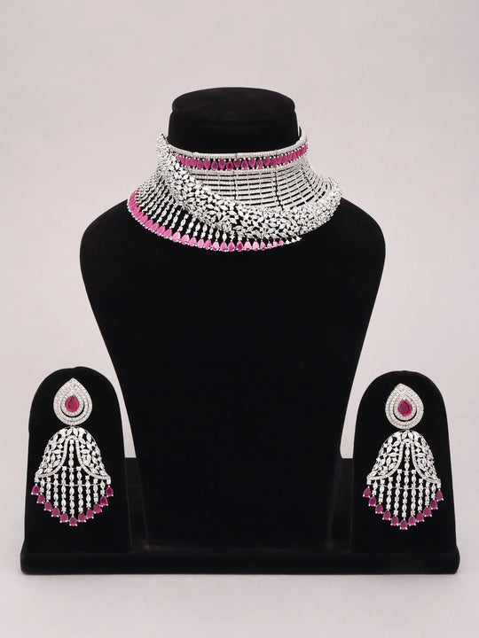 Pink and White Zircon Stone Choker and Earrings Set in Brass