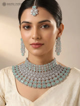 Sea Green and White Stone Studded Bridal Choker and Earrings Set