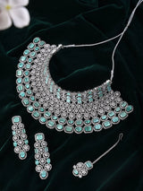 Sea Green and White Stone Studded Bridal Choker and Earrings Set