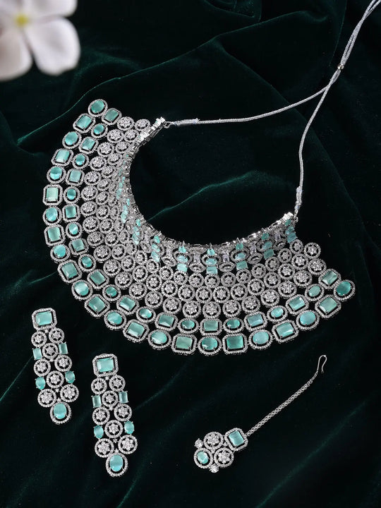 Sea Green and White Stone Studded Bridal Choker and Earrings Set