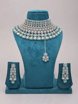 Sea Green and White Stone Studded Bridal Choker and Earrings Set