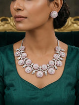 Floral Pink and Sea Green American Diamond Necklace Set