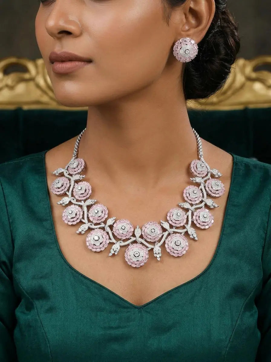 Floral Pink and Sea Green American Diamond Necklace Set