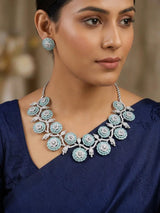 Floral Pink and Sea Green American Diamond Necklace Set
