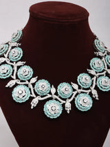 Floral Pink and Sea Green American Diamond Necklace Set