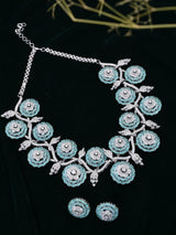 Floral Pink and Sea Green American Diamond Necklace Set