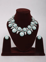 Floral Pink and Sea Green American Diamond Necklace Set