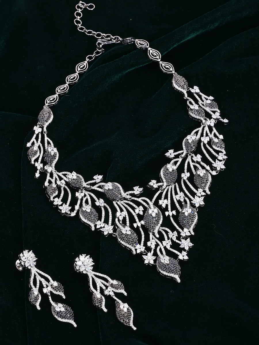Vine Motif Black and Pink Crystal Necklace Set with Earrings
